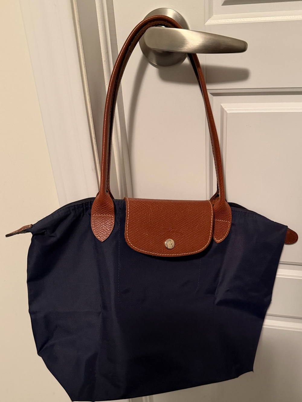 Longchamp Small Navy Tote with Brown Leather Trim - Foldable Shoulder Bag